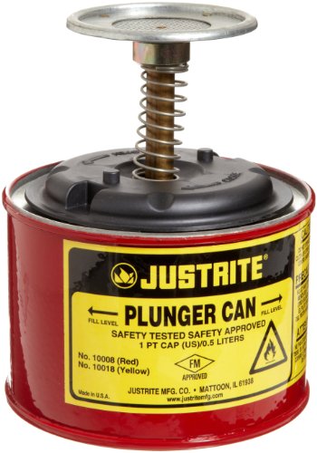 Justrite, 10008, Plunger Can, 1 Pt, Galvanized Steel, Red