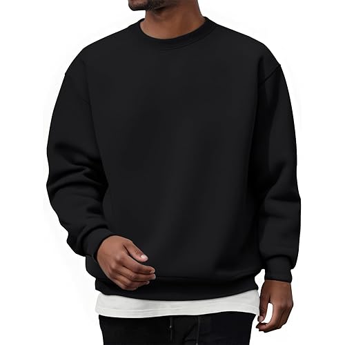 Men's Classic Crew Neck Sweatshirt, Long Sleeve Casual Pullover Jumper Top Autumn Winter Work Loose Fit Loungewear No Hood Plain Sweatshirt Black