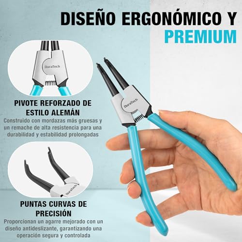 DURATECH 4 Piezas Alicates Circlip de 180 y 165 mm con Mango Antideslizante | Alicates para Anillos de Retención Internos y Externos, Puntas Rectas y Curvas, Acero al Carbono, Bolsa de Almacenamiento