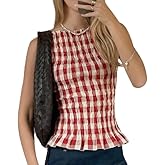 Women Smocked Tank Tops Y2k Ruffle Hem Shirred Crop Top Cute Sleeveless Peplum Shirt Summer Going Out Tops Streetwear