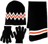 Boy's 3 Piece Knit Hat, Scarf & Gloves Set (Black-Orange)