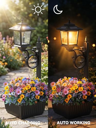 2-Pack Solar Lamp Post Lights with Planter, 2-in-1 Outdoor Flower Pot Waterproof Solar Lamp Post, Decorative Outdoor Solar Planter Lights for Garden, Patio, Pathway and Driveway, Dual Mounting Options