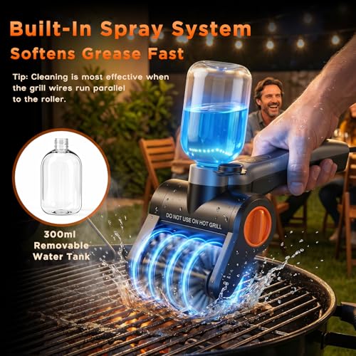 Cepillo Eléctrico para Parrilla 100W con Botella Rociadora – Recargable 7,4V, 2 Velocidades, 90 Min de Autonomía, IPX8 Impermeable – Limpiador Parrilla Barbacoa Eléctrico con Caja de Herramientas
