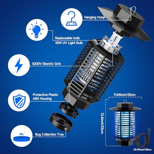 Lampe Anti-Moustique Électrique 4200V 18W UV, Tue-Mouches Électrique et Piège à Mouches, Silencieuse et Étanche IPX4, Appareil Anti-Moustique pour Intérieur et Extérieur, Maison, Jardin, Terrasse
