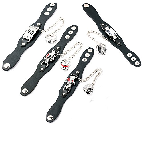 Generic Black Anime Pu Leather Bracelet With Ring Charms Punk Cosplay
