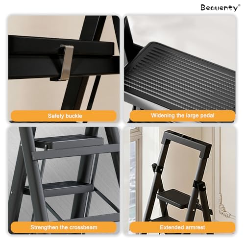 Beauenty Foldable Ladder, 7 Steps Ladder for Home, Anti-Slip Step Stool with Wider Pedal, Tools Holder, Portable Stepladder for Kitchen, Garden, Load-Bearing 150kg (Black)