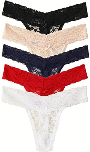 Women's Sexy Lace Low Rise Thong Underwear Plus Size Nylon Hipster Panties Pack of 5