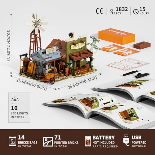 LUMIBRICKS Western-Carpentry-Workshop Lighting-Building-Bricks Set - 1832 Pcs The Old West Blacksmith-Shop Light Construction Building Model Set for Adults and West Lovers