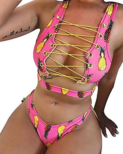 SFHFY Women's 2 Pieces African Print Bathing Suit Bikini Set Lace up Padded Thong Swimsuit (Large, Rose)