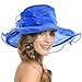 Women's Sheer Wide Brim Sun Party Church Wedding Floral Organza Hat(Blue)