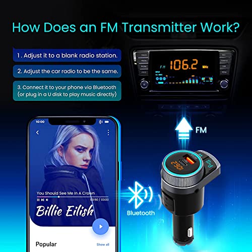 C80 Bluetooth FM Transmitter for Car, Bluetooth 5.0 Car FM Transmitter, MP3 Music Player, Wireless Radio Transmitter Adapter Car Kit, Hands Free Calling, QC3.0 & PD Ports Charger, LED Backlit