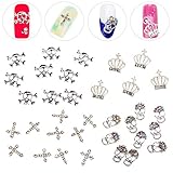 Premium Quality Nail Art Set of Metal 3D Decorations In Different Designs / Shapes Including Silver Skulls, Skulls With Rhinestones, Crowns With Crystals And Crosses With Jewels By VAGA