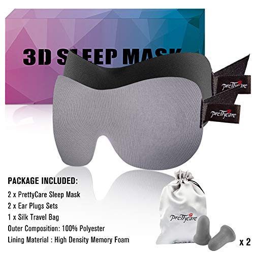 PrettyCare 3D Sleep Mask (Black and Grey with 2 Pack) Eye Mask for Sleeping - Contoured Night Blindfold for Airplane with EarPlugs & Yoga Silk Eye Bags for Travel, Best for Men Women