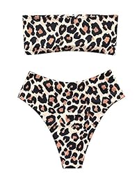 Conjunto de bikini bandeau de leopardo de 2 piezas para dama Traje de baño estampado de hoja tropical de corte alto