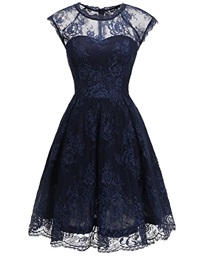 Bbonlinedress Women's Vintage Floral Lace Bridesmaid Cocktail Swing Dress Navy XL