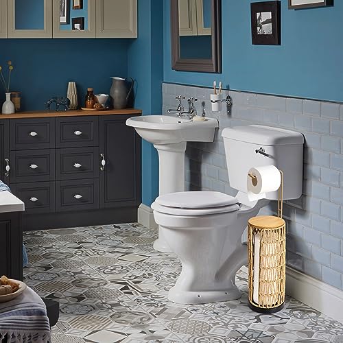 Freestanding Toilet Paper Dispenser Storage with Shelf, Standing Bathroom Toilet Paper Dispenser, Boho Rattan Toilet Paper Storage for 4 Rolls of Toilet Paper