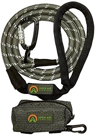 Open Air Supplies - Climbing Rope Dog Leash With Swivel Carabiner Clip and Matching Poop Bag Holder 5ft Long (Grey)