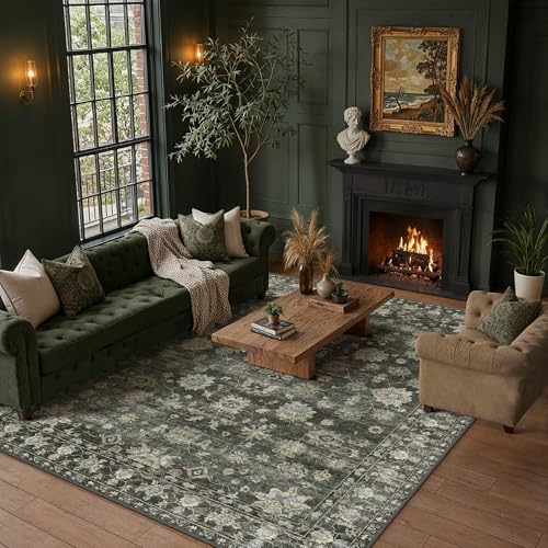 PureCozy Rugs Living Room 200x300cm Green Washable Non Slip Large Vintage Area Bedroom Rug Bedside Nursery Lounge Office Playroom Indoor Big Carpet Low Pile Carpets Retro