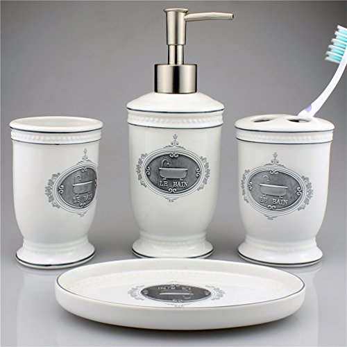 Seafulee Vintage Ceramic Bathroom Accessory Set, 4 Pieces Bath Ensemble, Bathroom Accessories Set Collection With Soap Dispenser Pump,Toothbrush Holder, Tumbler, Soap Dish