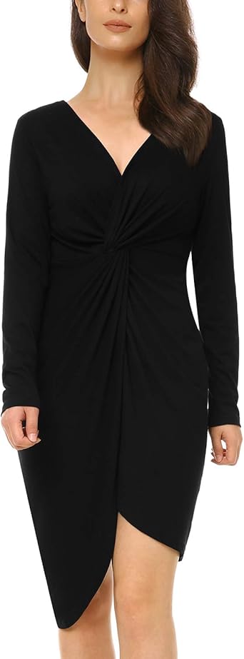 long sleeve deep v neck split ruched wrap bodycon dress cocktail dress
