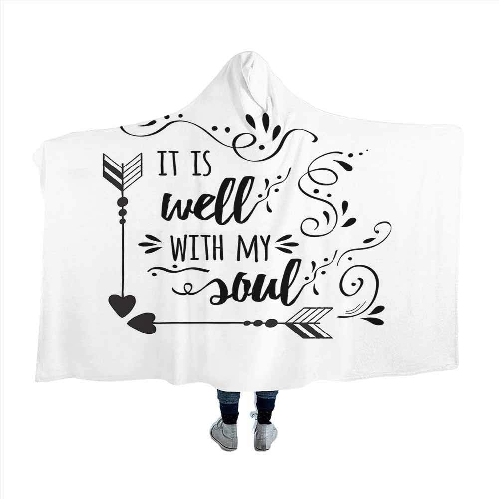 GGACEN It is Well with My Soul Cloak Hooded Blanket Doodle Style Positive Inspirational Quote with Swirls Heart Arrows Sherpa Fleece Throw Wearable Blankets Hoodie Cloak Black White 60x50 inches