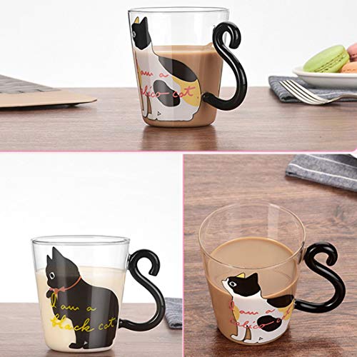 Cute Kitty Glass Water Cup Cat Tail Handle Mug Milk Tea Coffee Fruit Juice Mug Drinkware Home Office Cup Lovers Gifts - Black