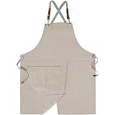 Mignongirl Crossback Apron with Pockets x2,Split Apron with Adjustable Straps,M-XXL (Beige)