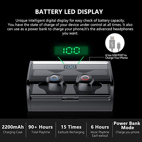 Bluetooth Earbuds, Wireless Earbuds IPX7 Waterproof Bluetooth Headset for Cell Phones 90H Playtime with 2200mAh Charging Case Built-in Mic HD Stereo Sound,Noise Canceling for Workout,Sport (Black)