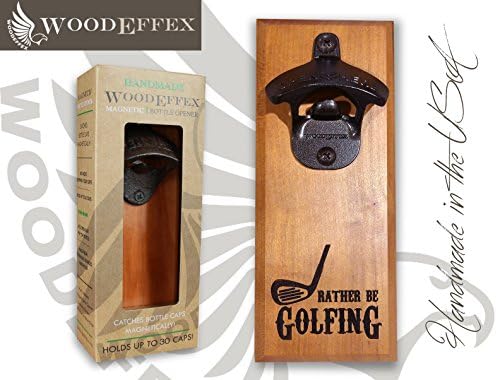 Bottle Opener Magnetic Cap Catcher - Handmade Cherry Wood with Antique Bronze Opener - Rather Be Golfing