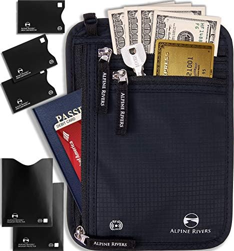 Neck Wallet Travel Pouch & Passport Holder RFID Blocking with 5 Bonus Sleeves