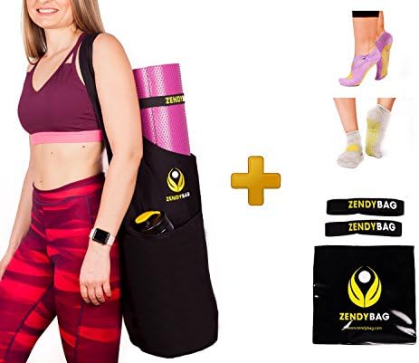 Yoga Mat Bag Set For All Mat Sizes - Premium Carrier With Large Pocket For Towel, Block &amp; Accessories - Bonus 2 x Nonslip Comfy Yoga Socks + 2 x Elastic Mat Strap + eBook about Yoga | by Zendybag