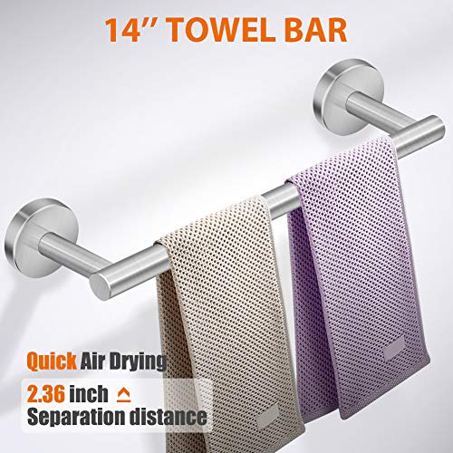 Tudoccy 5-Pieces Bathroom Hardware Set Brushed Nickel SUS304 Stainless Steel Round Wall Mounted - Includes 14" Hand Towel Bar, Toilet Paper Holder, 3 Robe Towel Hooks,Bathroom Accessories Kit ...