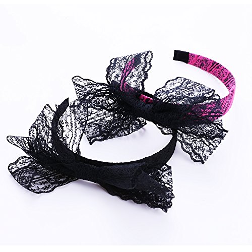 LEKUSHA Women's 80s Costume Accessories Neon Lace Headband Hair Band with Bow, Black Rose Red, Set of 2