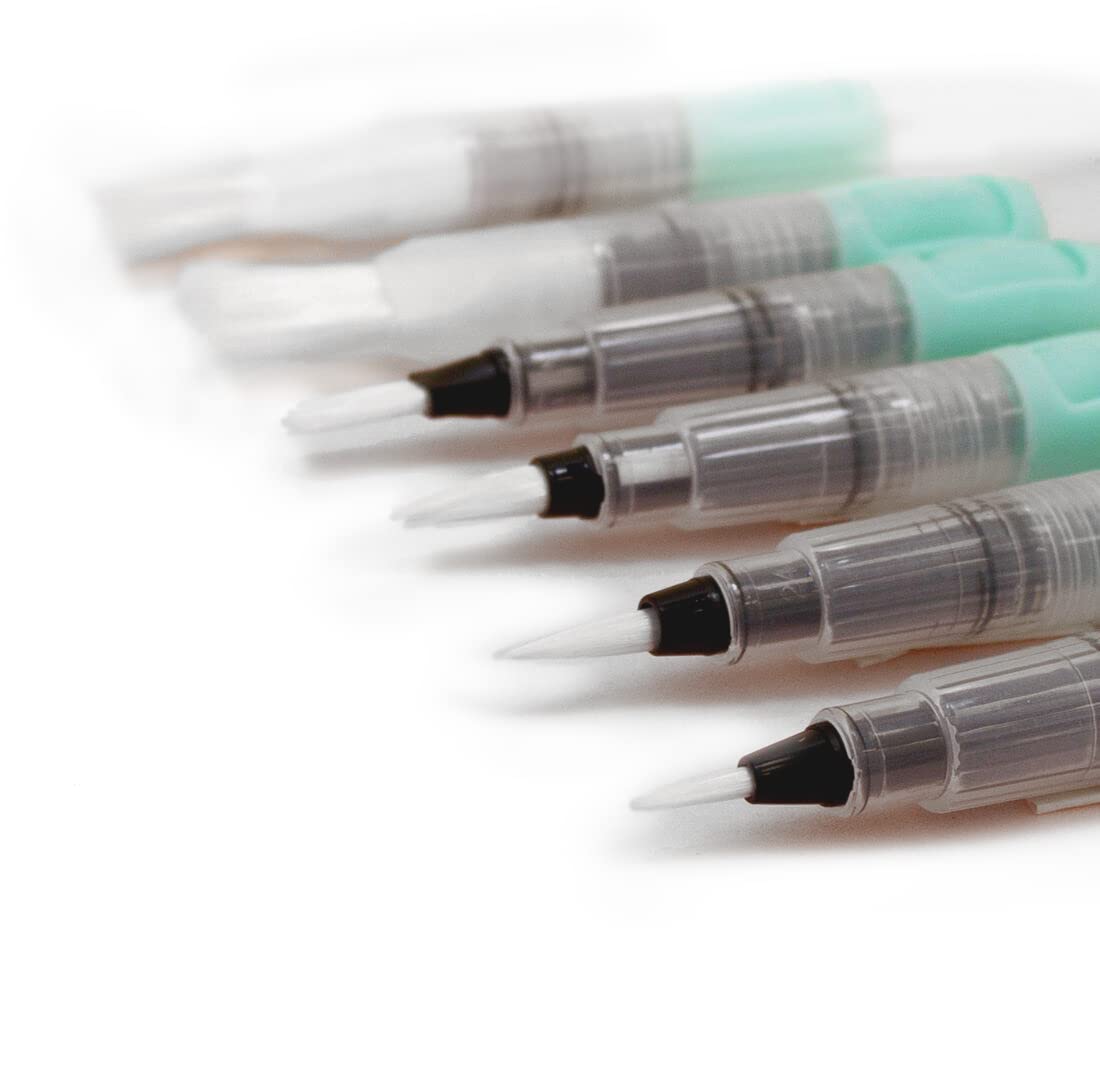 Craftelier - Set of 6 Brushes with Water Tank or Waterbrush for Watercolours, Calligraphy, Cardmaking, Lettering or Mixed Media and Other Crafts | 3 Fine Tip + 3 Wide Tip | Turquoise