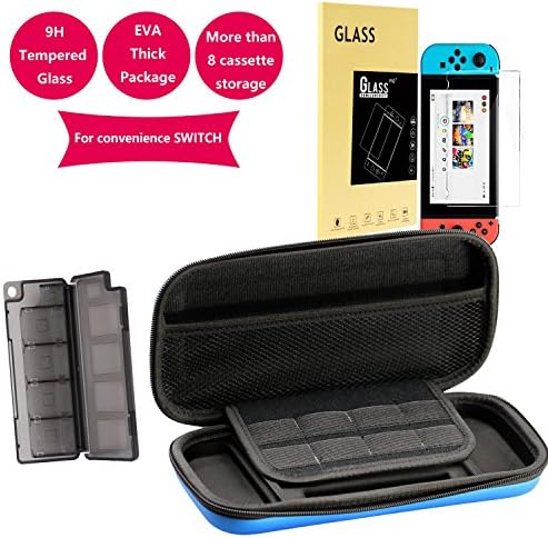 KUNLING Carry Case Compatible With Nintendo Switch and Tempered Glass Screen Protector for Nintendo Switch and Game Card Case 8.-Red/Black (blue(•Tempered Glass+Carry Case+card case))