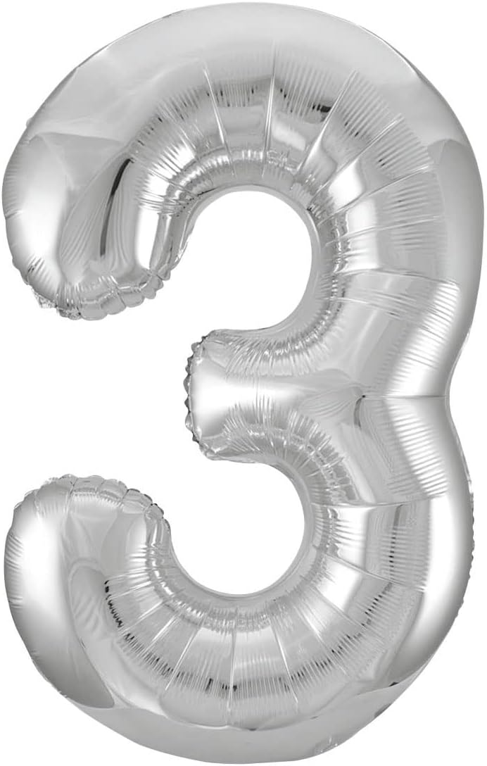 Unique Silver Number 3 Shaped Large Foil Balloon 86cm – 1 Piece