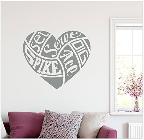 26"x24" Volleyball Heart Shape Spelled Out Set Spike Ace Dig Serve Theme Words Saying Wall Decal Sticker Art Mural Home Decor Quote
