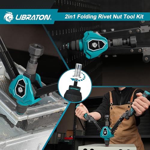 LIBRATON 2 in 1 Folding Threaded Insert Rivet Pliers, 7 Mandrels (M3-M12) & 5 Bits (2.4-6.4mm), Includes 70 Crimp Nuts and 200 Pop Rivets, Powerful Manual Tool for Auto and DIY