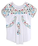 AsherFashion Colorful Flowers Embroidered Peasant Tops Mexican Blouse US 0-6