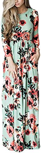 LANREMON Women's Floral Print Rose Maxi Retro Bohemian Long Dress Summer 3/4 Sleeve Round Neck Pocket Pleated Robe Green 2XL