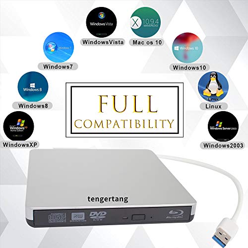 External Blu-ray DVD/BD/CD Drive Portable Blu Ray Burner USB 3.0 External 3D Blu-ray Player BD-ROM CD/DVD-ROM Writer/Rewriter CD/DVD-RW Reader for Windows, Mac OS Laptop, Computer (Silver)