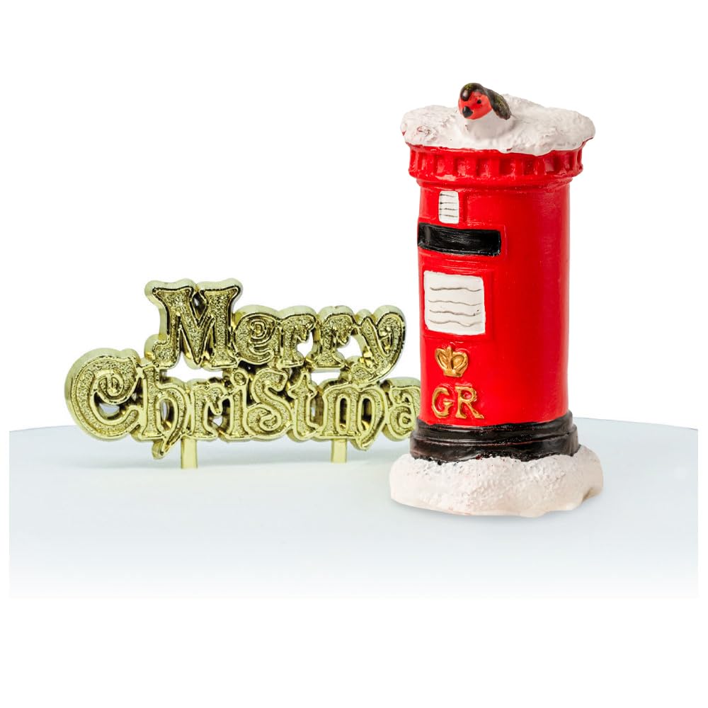 Anniversary House 2-Piece Christmas Décor Accents – Resin Post Box & Gold “Merry Christmas” Sign, Reusable Non-Edible Holiday Decoration