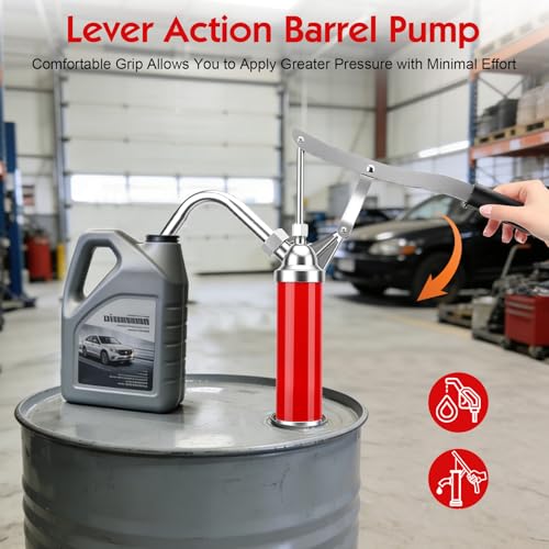 Lever Pump for Oil Drums 15-55 Gallon Drum, Flow 28L/Min, Red Manual Barrel Pump with 45-88cm Retractable Oil Tube for Fuel Oil Extraction