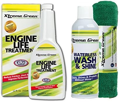 Xtreme Green Waterless Car Wash Kit - Wash &amp; Protect No Water Needed Includes 2 x Towels (6oz) AND Engine Life Treatment Increase Power &amp; Performance Optimize Fuel Economy (12 Fl. Oz) Value Combo