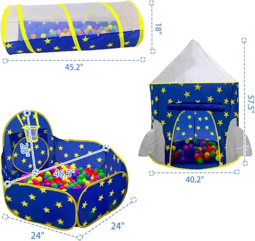 3pcs Kids Play Tent for Boys with Ball Pit, Crawl Tunnel, Princess Tents for Toddlers, Baby Space World Playhouse Toys, Boys Indoor& Outdoor Play House, Perfect Kid’s Gifts.BLUE