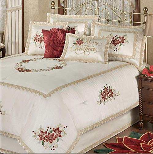 Touch of Class Poinsettia Palace 7 Piece Embroidered Holiday Comforter Bedding Set Champagne King