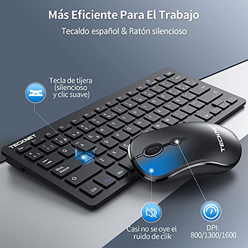 TECKNET Silent Wireless Keyboard, Mini Ergonomic Keyboard and Mouse Ultra Thin, Working Distance of 15 M, 2.4G Mini Portable Keyboard for PC/Smart TV/Computer (Spanish, with Ñ)