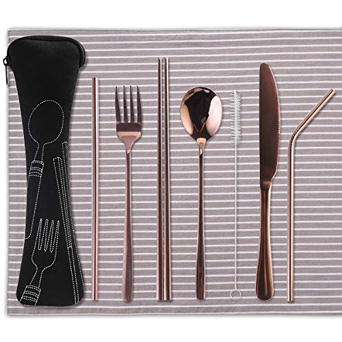 7 Pieces Portable Flatware Set, Healthy Stainless Steel Cutlery Set Silverware Set Travel Utensils Set with Fork Spoon Chopsticks Straws for Travel Camping Office School - Dishwasher Safe&Eco-Friendly - Thumbnail 2