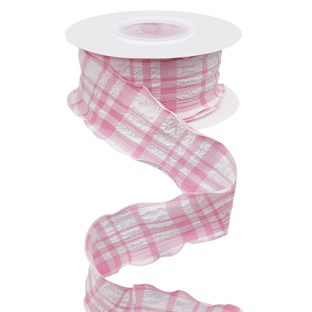 CABODYALS 9.14M 40mm Pink Gingham Ribbon Checkered Double Chiffon Ruffled Plaid Trim Wrinkled Edge Polyester Ribbons with Spool for Gift Wrapping Bow Wedding Invitations Bouquets Diy Christmas Decor