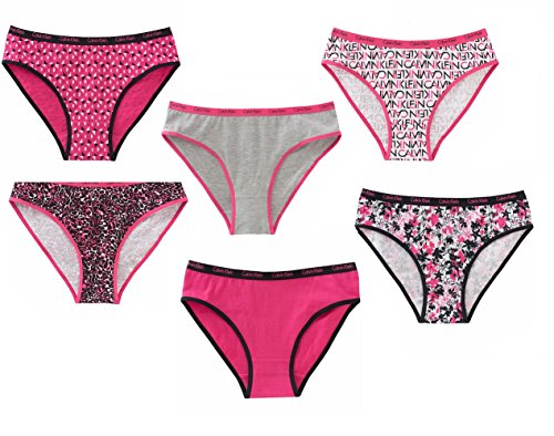 Calvin Klein Girls Graphic Bikini Panty Underwear Comfort stretch- 6 Pack (Medium, Assorted Print/Solid)